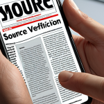 A person carefully examining a news article on a smartphone, with magnifying glass highlighting the source website. (Focus on the importance of source verification).
