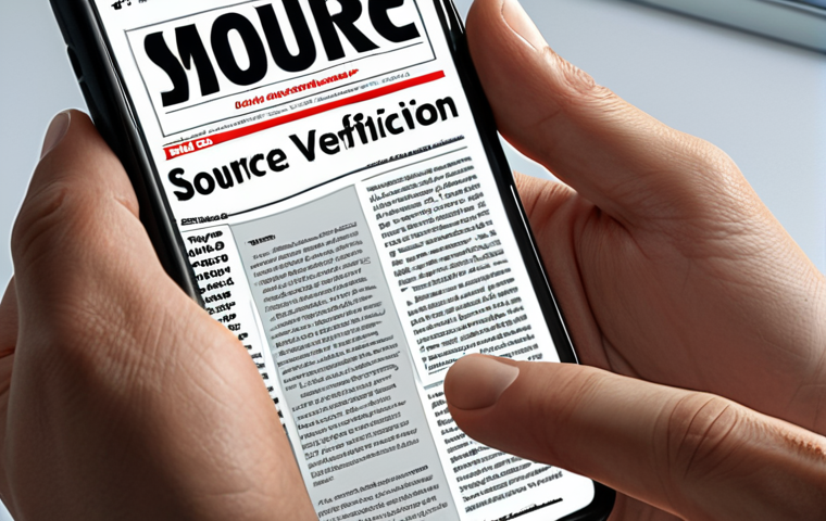 A person carefully examining a news article on a smartphone, with magnifying glass highlighting the source website. (Focus on the importance of source verification).