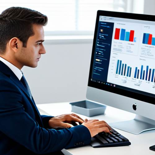 A professional, intelligent individual, fully clothed in a modest business suit, seated comfortably at a sleek, minimalist desk in a contemporary, brightly lit office. They are intently focused on a computer screen displaying various data charts and news articles, with a tablet open beside them, indicating active information cross-referencing. The individual's posture is natural, conveying deep concentration. Well-formed hands are positioned near the keyboard, ready for interaction. The background features blurred, modern office decor. Perfect anatomy, correct proportions, natural pose, proper finger count, natural body proportions. Safe for work, appropriate content, fully clothed, professional, high-resolution photography, sharp focus, natural light.