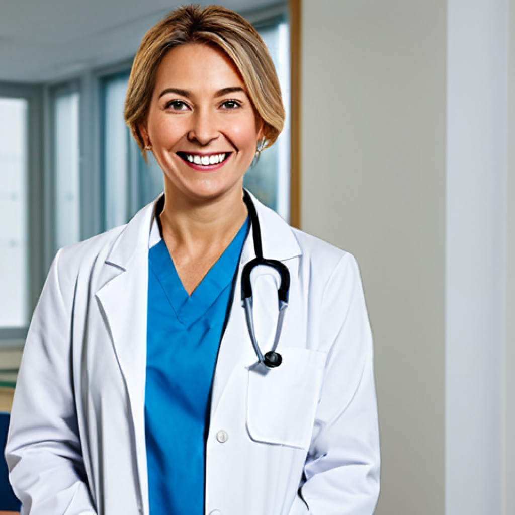 **
"A professional female doctor in a white coat, stethoscope around her neck, smiling warmly in a bright and modern hospital office, fully clothed, appropriate attire, safe for work, perfect anatomy, natural proportions, professional medical photography, high quality, family-friendly."
**
