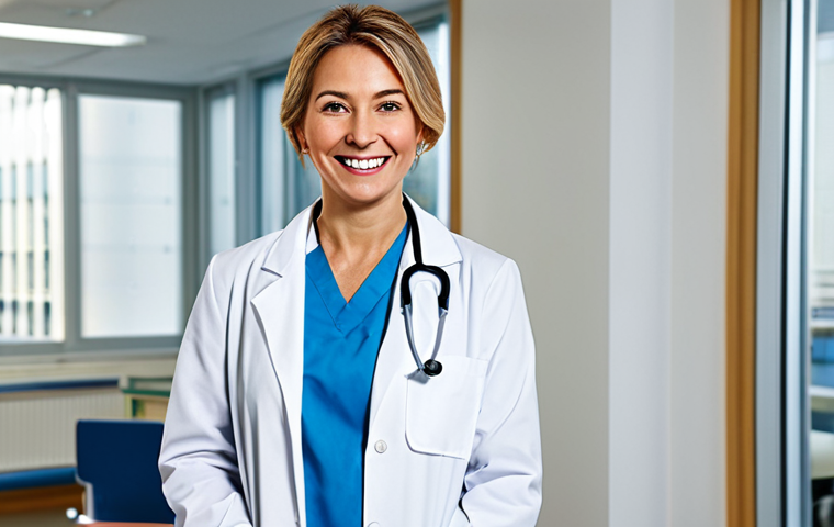 **
"A professional female doctor in a white coat, stethoscope around her neck, smiling warmly in a bright and modern hospital office, fully clothed, appropriate attire, safe for work, perfect anatomy, natural proportions, professional medical photography, high quality, family-friendly."
**