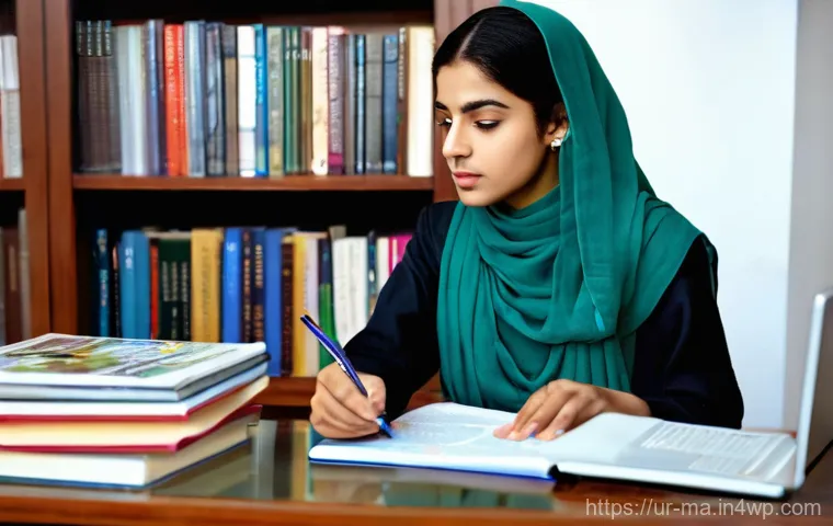정보의 진위를 확인하는 방법 - **Prompt:** A young Pakistani woman, in her early twenties, is seated at a well-lit study desk with ...