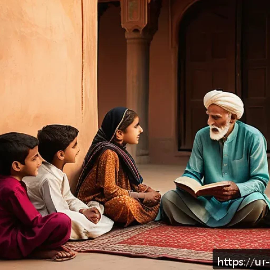 정보 신뢰성 평가의 역사 - A detailed scene depicting an elderly Urdu storyteller sitting in a traditional Pakistani courtyard,...