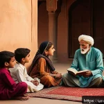 Home 17 정보 신뢰성 평가의 역사 - A detailed scene depicting an elderly Urdu storyteller sitting in a traditional Pakistani courtyard,...