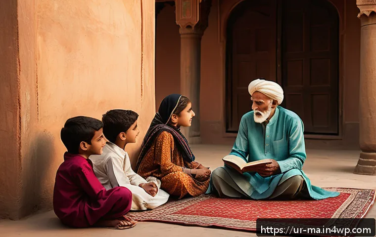 정보 신뢰성 평가의 역사 - A detailed scene depicting an elderly Urdu storyteller sitting in a traditional Pakistani courtyard,...
