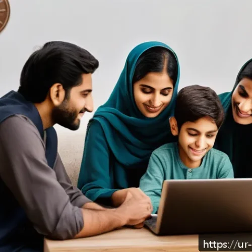 Home 28 정보 신뢰성 평가의 여러 관점 - A modern South Asian living room scene featuring a young Urdu-speaking family gathered around a lapt...