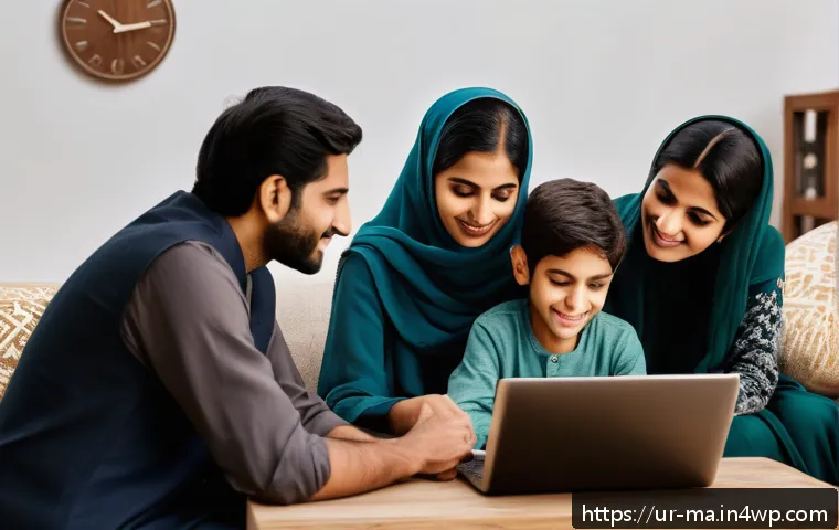 정보 신뢰성 평가의 여러 관점 - A modern South Asian living room scene featuring a young Urdu-speaking family gathered around a lapt...